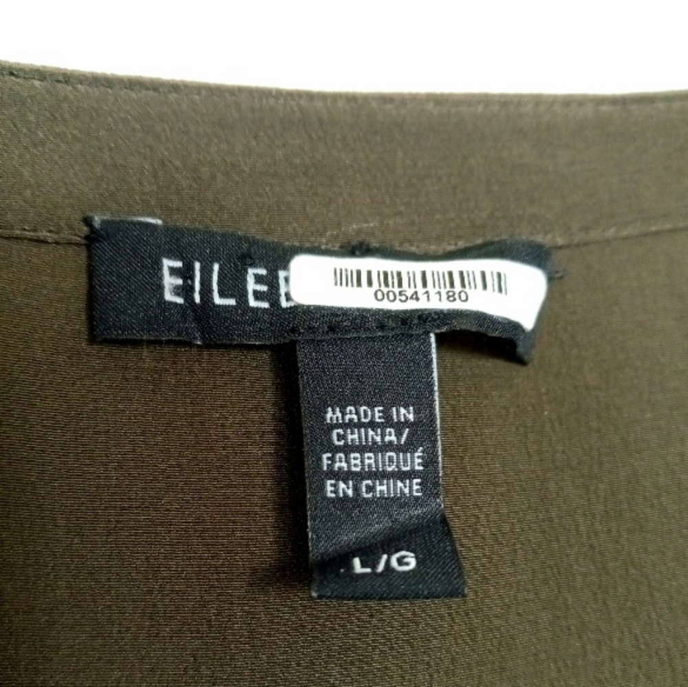 EILEEN FISHER Elegant Minimalist Olive Green 100% Silk Women's Blouse Size Large - Picture 3 of 8